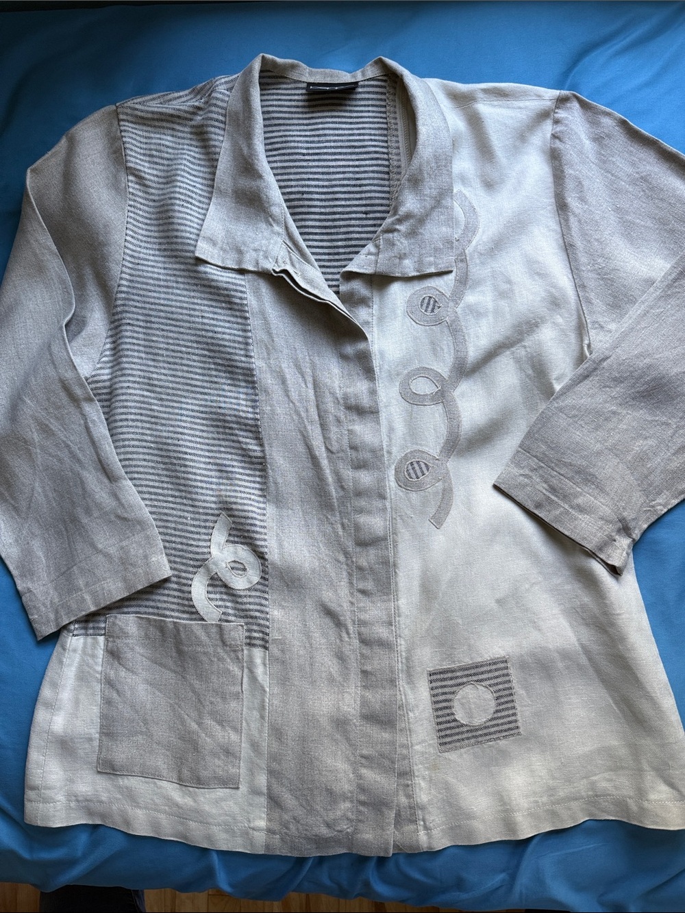 Beppa 100% Linen Artisan Jacket Colorblock Striped Embroidered Appliqué Boxy L